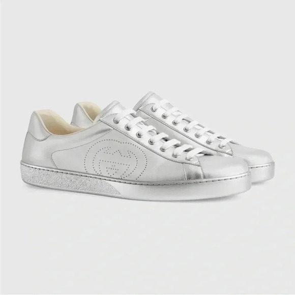 NIB Gucci Nappa Ace Metallic Silver GG Leather Sneaker Size G8.5 US9.5